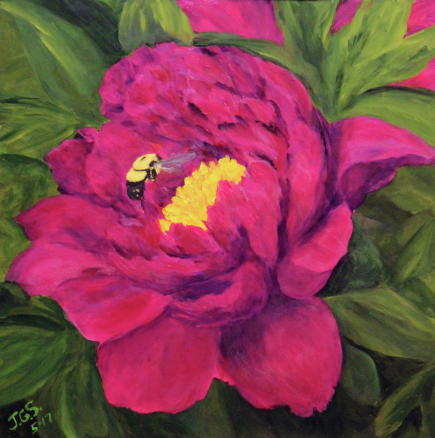 Peony N Bee Painting by Janet Greer Sammons