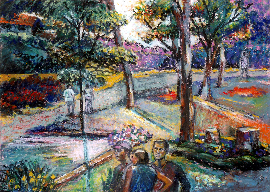 People In Landscape Pastel by Stan Esson