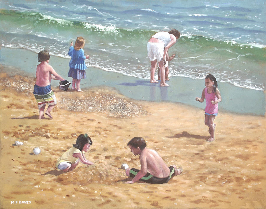people on Bournemouth beach kids in sand Painting by Martin Davey