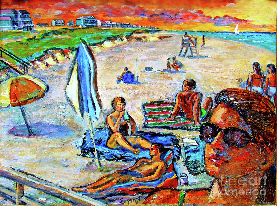 People On The Beach With Umbrellas Painting by Stan Esson