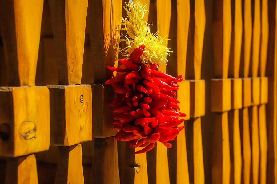 Peppers Hanging On Wooden Gate Photograph by Garry Gay