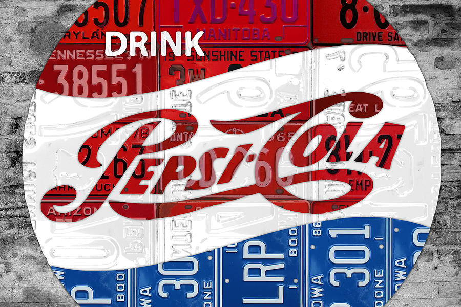 Pepsi Cola Vintage Logo Recycled License Plate Art on Brick Wall Mixed Media by Design Turnpike