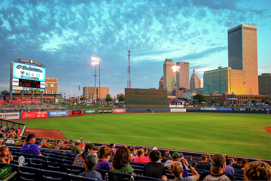 Tulsa Skyline Photograph - Tulsa Oklahoma Baseball Stadium Skyline Sunset View by Gregory Ballos