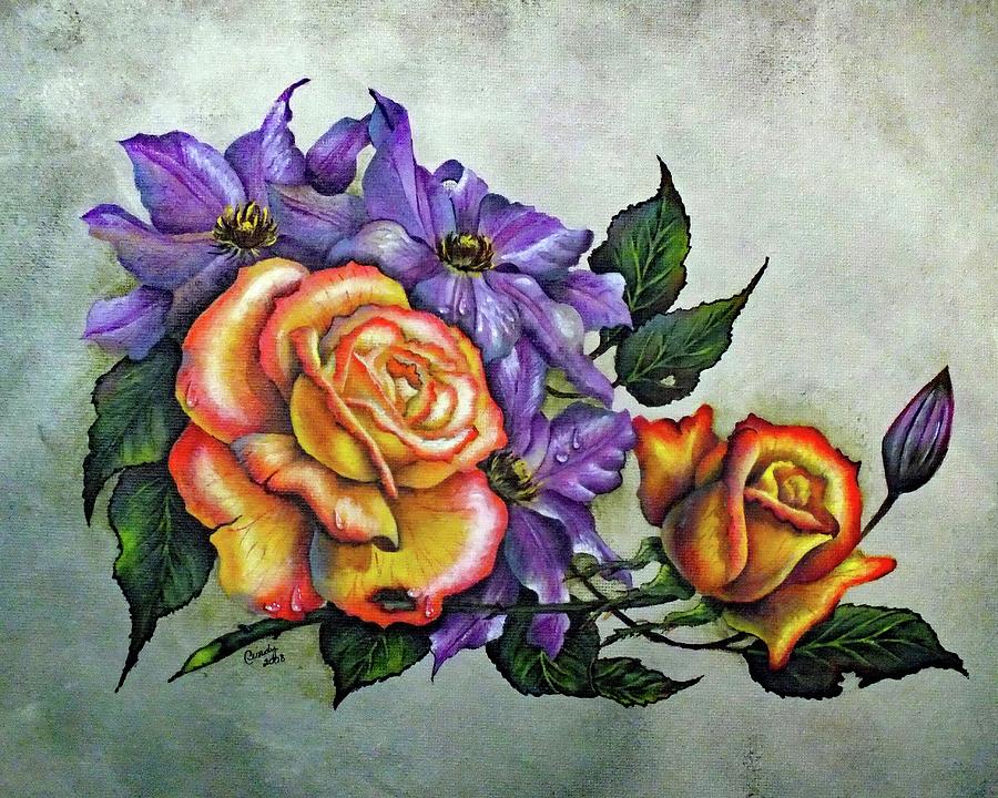 Perfect Pair - Roses and Clematis Painting by Cindy Treger