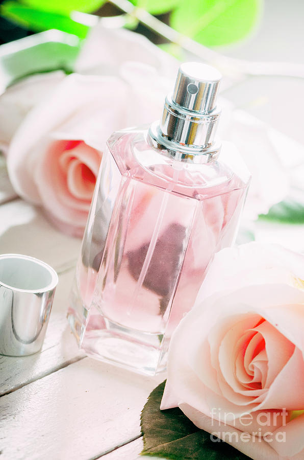 Rose Photograph - Perfume bottle and pink roses.  by Jelena Jovanovic