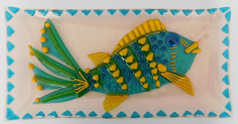 Blue and Yellow Fish Sushi Tray Glass Art by Joan Clear