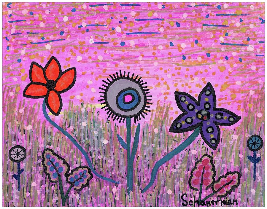 Perky Posies in a Palette of Pink Drawing by Susan Schanerman