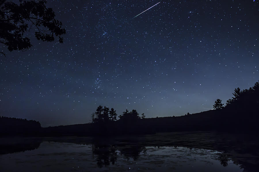 Perseid Meteor Shower Over Pond Photograph