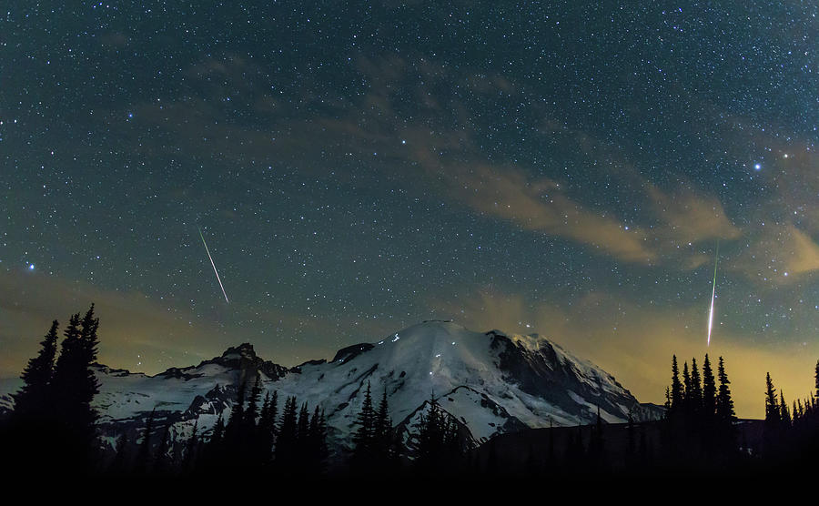 Perseids Over Mt Rainier Photograph by Angie Vogel