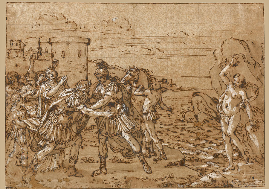 Perseus greets Cepheus and Cassiopea before rescuing their Daughter Andromeda from the Sea Monster Drawing by Giacinto Gimignani
