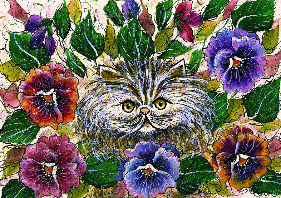 Persian Kitten With Pansies Painting by Natalie Holland