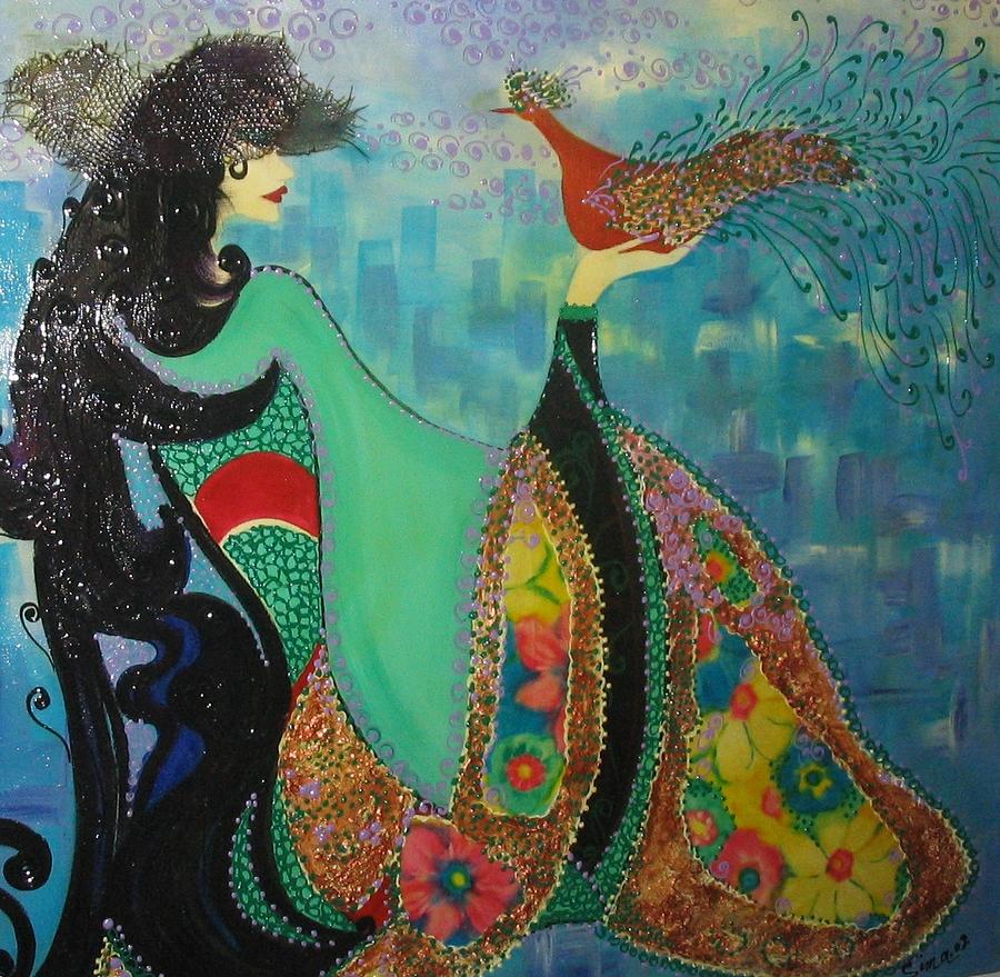 Peacock Painting - Persian women with the Bird by Sima Amid Wewetzer