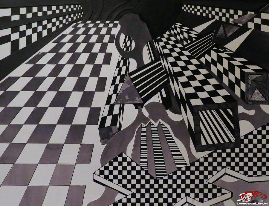 Abstract Drawing - Perspective Checkered Boxes by Leon Gorani