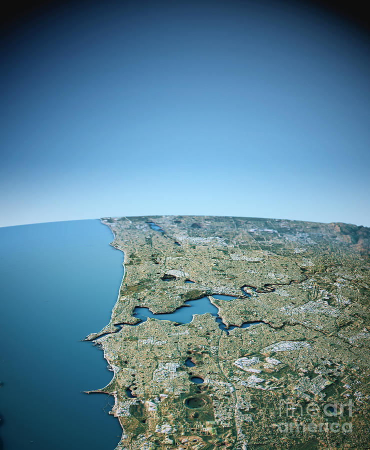 Map Digital Art - Perth 3D View Vertical South-North Natural Color by Frank Ramspott