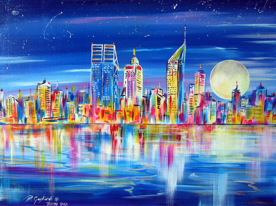 Perth under the moon reflections on the Swan river Painting by Roberto Gagliardi