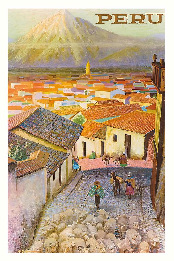 Llama Digital Art - Peru El Misti Volcano Vintage Travel Poster by Retro Graphics