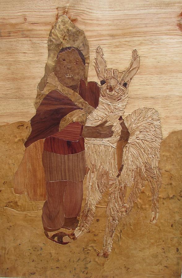 Wood Mixed Media - Peruvian boy with alpaca by Johannes Stoeger