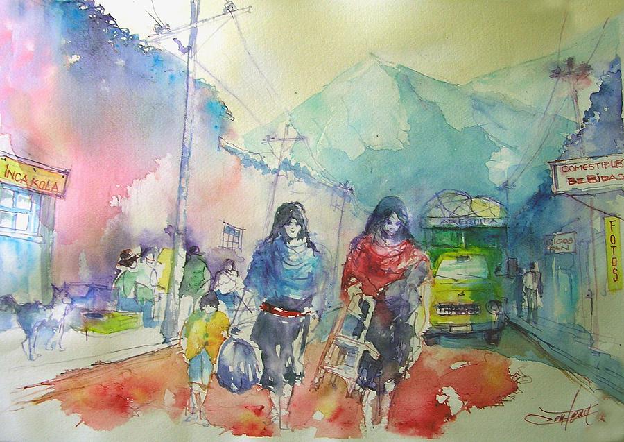 Peruvian village Painting by Christian Couteau
