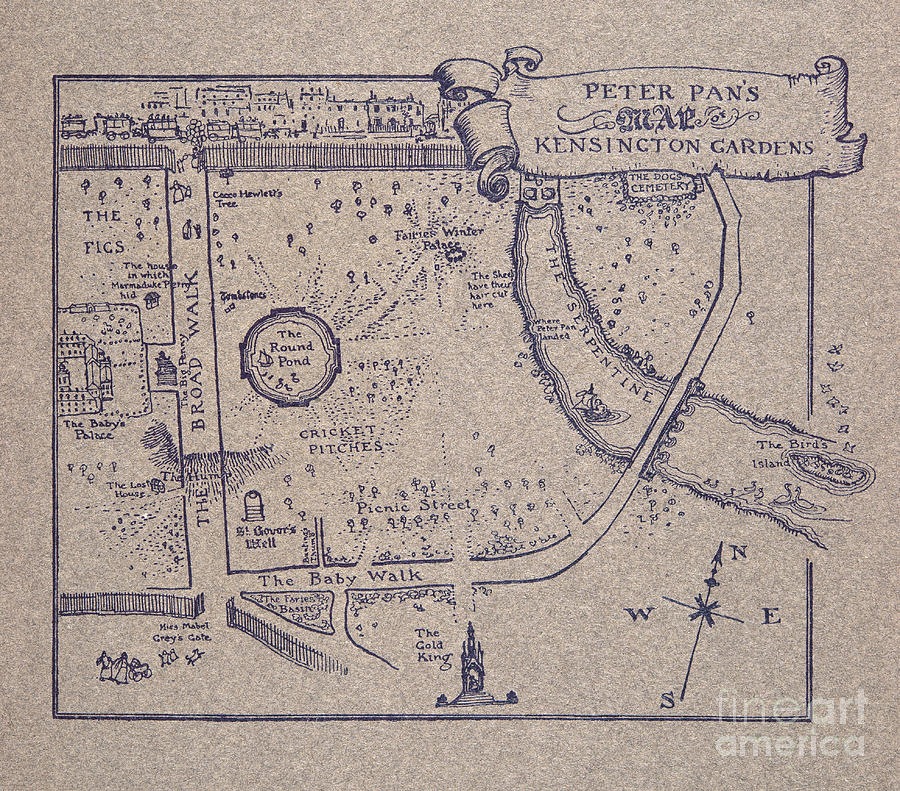 Peter Pans Map of Kensington Gardens Drawing by Arthur Rackham