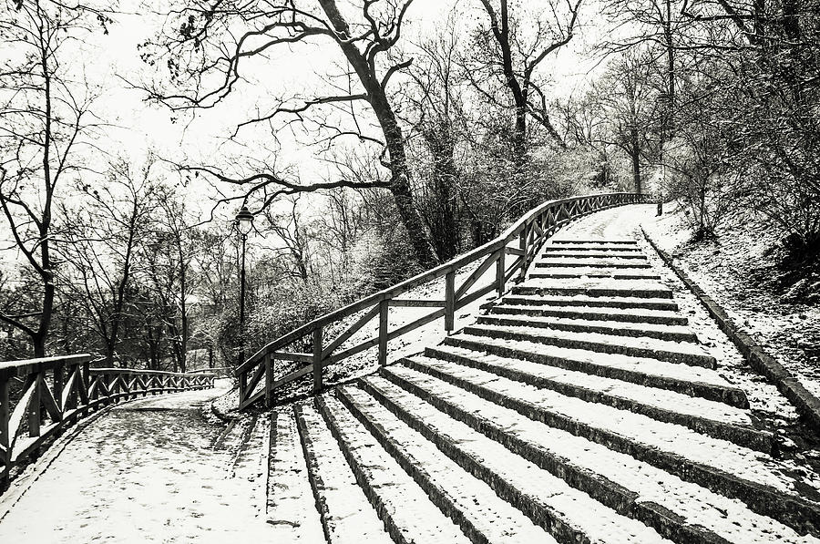 Petrin Stairway. Snowy walk in Prague  Photograph by Jenny Rainbow