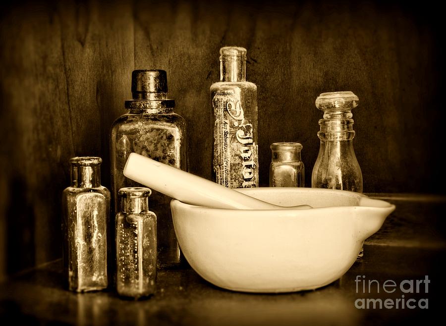 Pharmacy- tools of the trade - black and white Photograph by Paul Ward