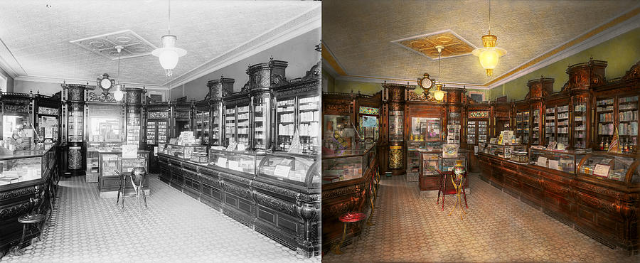 Vintage Photograph - Pharmacy - Wellers Pharmacy 1915 Side by Side by Mike Savad