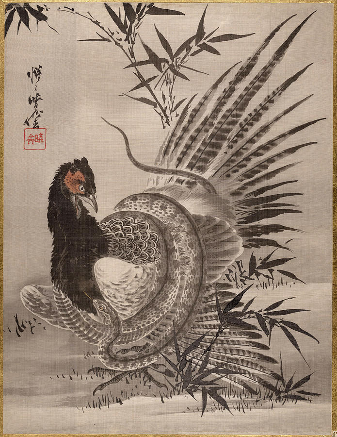 Pheasant Caught by a Snake Painting by Kawanabe Kyosai