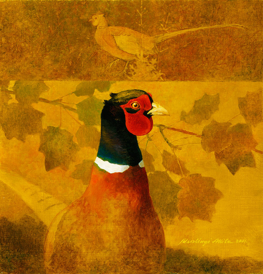 Pheasant in Yellow Painting by Attila Meszlenyi