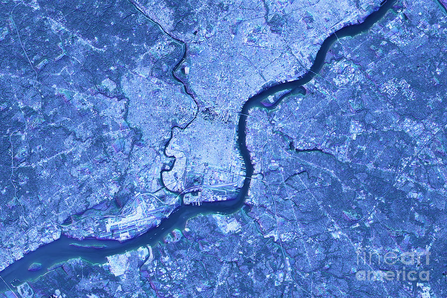 Philadelphia Abstract City Map Satellite Image Blue Detail Digital Art ...