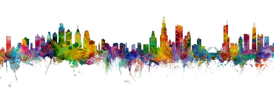 Chicago Digital Art - Philadelphia and Chicago Skylines Mashup by Michael Tompsett