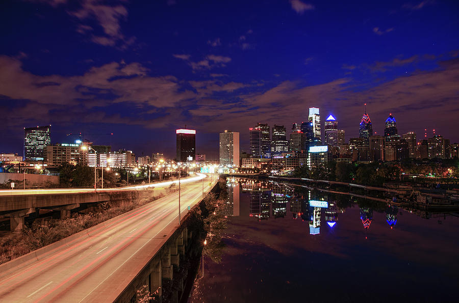 Philadelphia at Night Cityscape from South Street Photograph by Bill Cannon