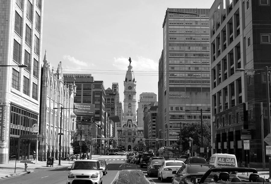 City Photograph - Philadelphia City Hall Distant Street View Black and White by Matt Quest