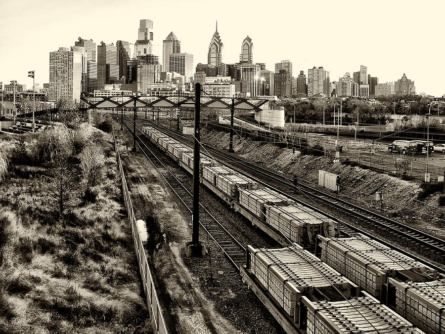 Philadelphia Cityscape from the Rail Road Tracks in Sepia Photograph by Bill Cannon
