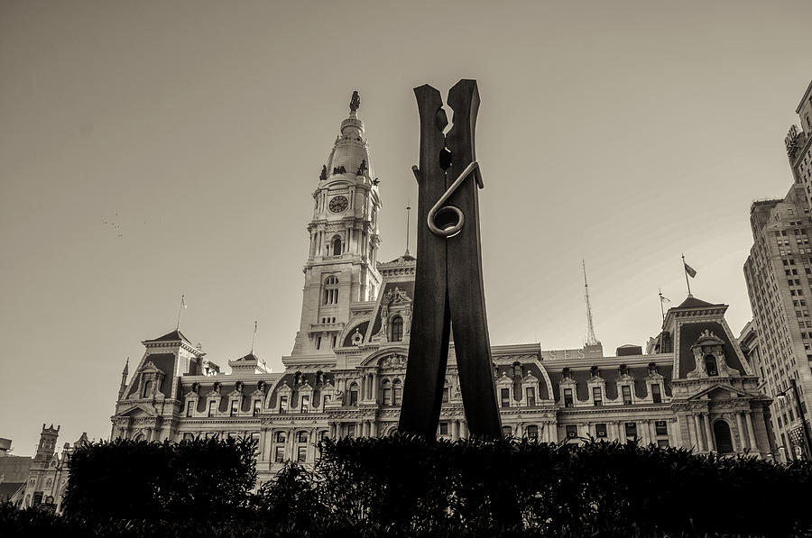Philadelphia Photograph - Philadelphia - Clothes Pin Statue and City Hall in Sepia by Bill Cannon