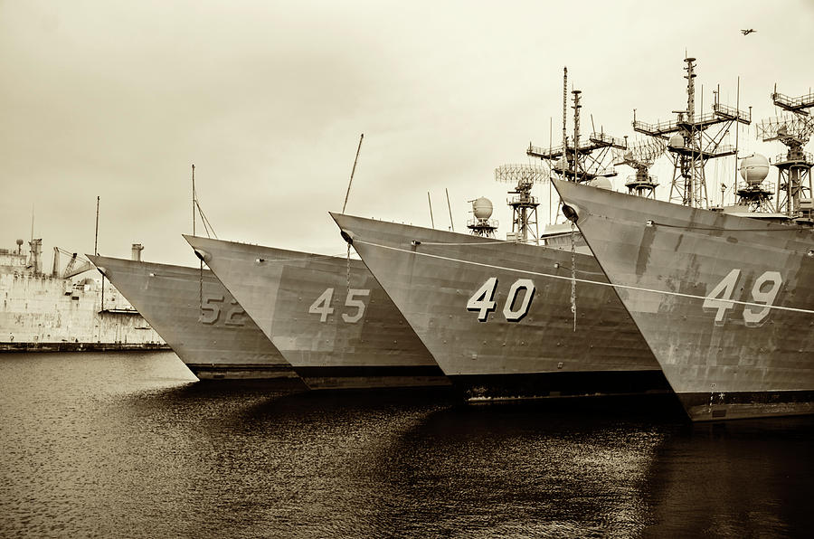 Philadelphia Navy Yard - Retired Fleet in Sepia Photograph by Bill Cannon