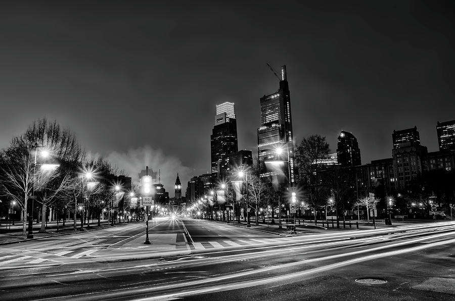 Philadelphia - Night - The Parkway in Black and White Photograph by Bill Cannon