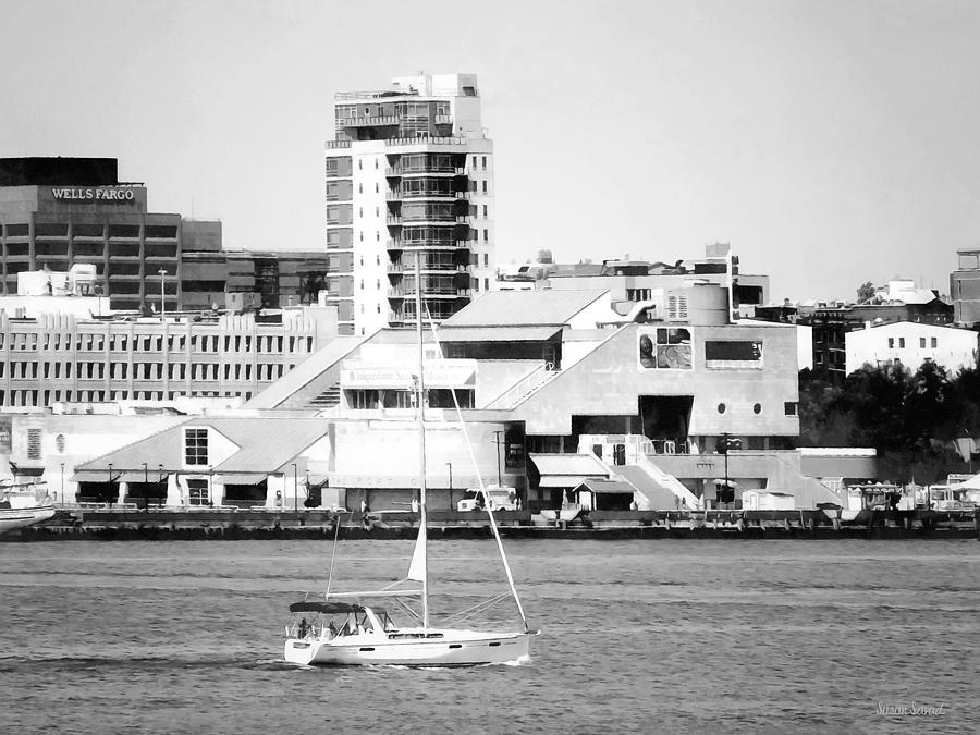 Philadelphia PA - Sailboat by Penns Landing Black and White Photograph by Susan Savad