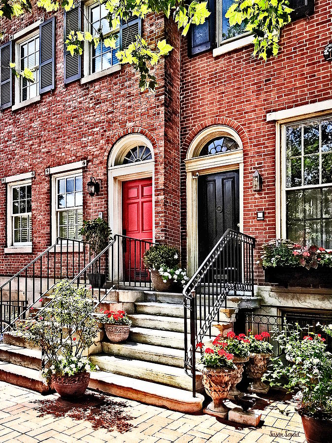 Philadelphia PA - Townhouse With Red Geraniums Photograph by Susan Savad