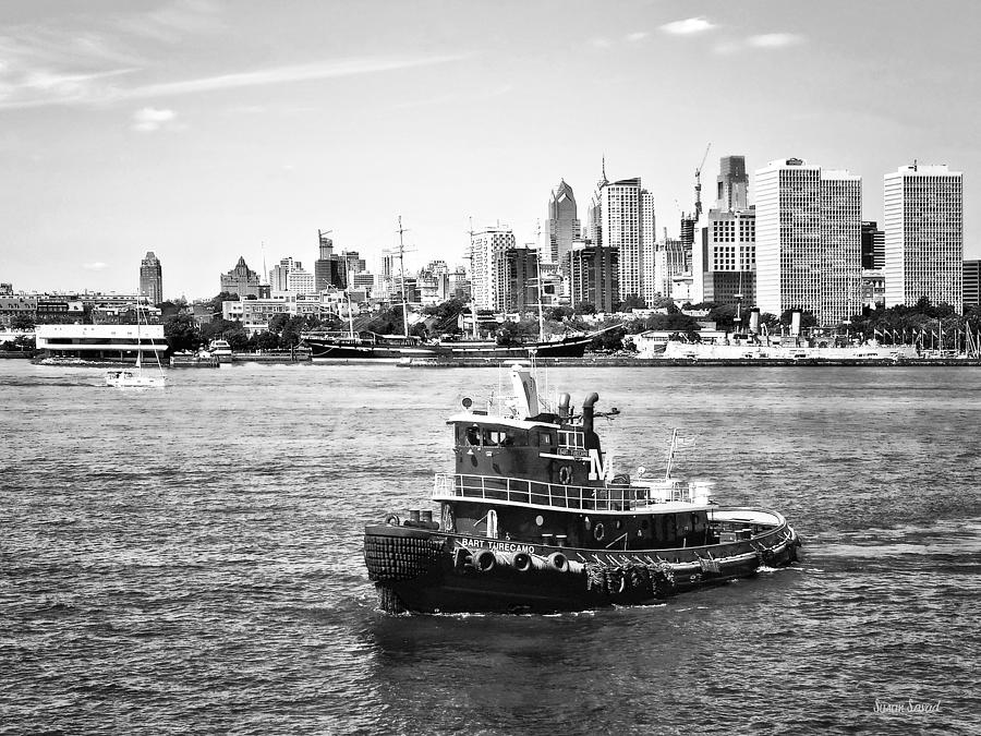 Philadelphia PA - Tugboat by Philadelphia Skyline Black and White Photograph by Susan Savad