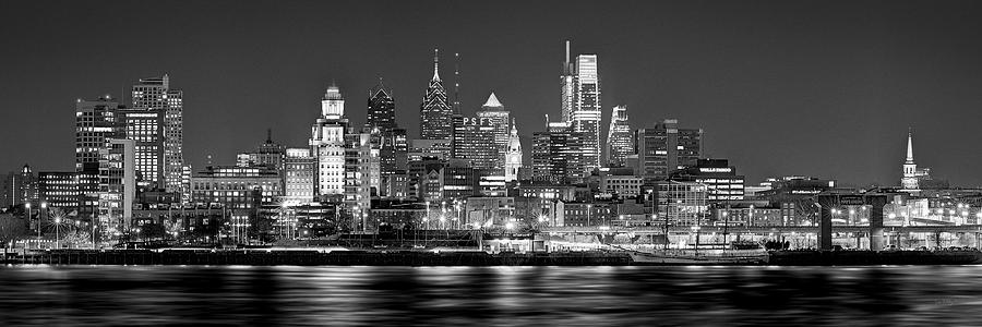 Philadelphia Skyline At Night Photograph - Philadelphia Philly Skyline at Night from East Black and White BW by Jon Holiday