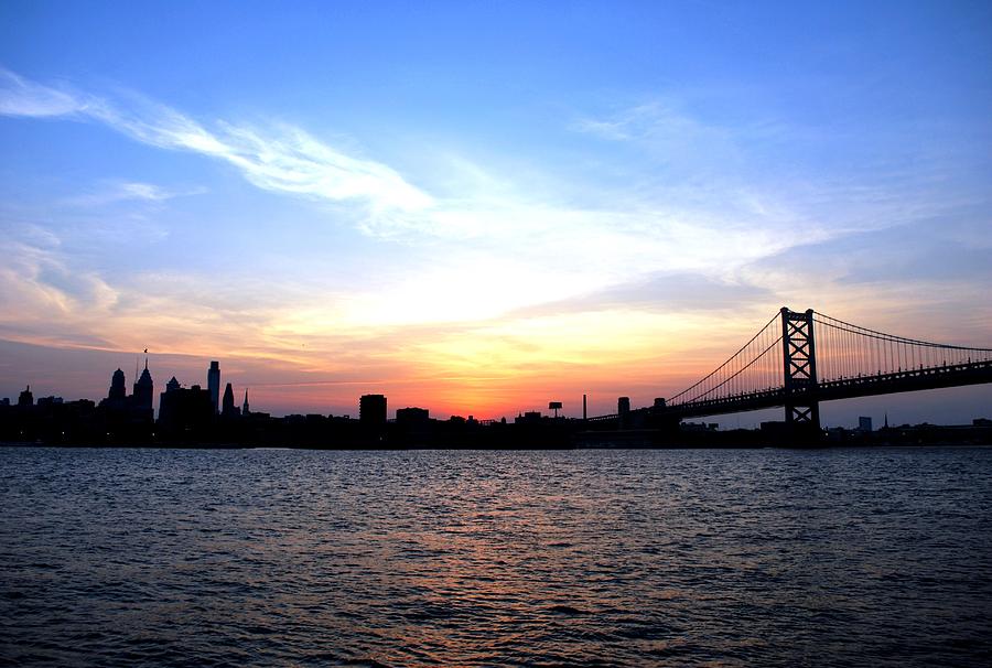Philadelphia Photograph - Philadelphia Skyline and Sunset Blue Sky View with Ben Franklin Bridge  by Matt Quest