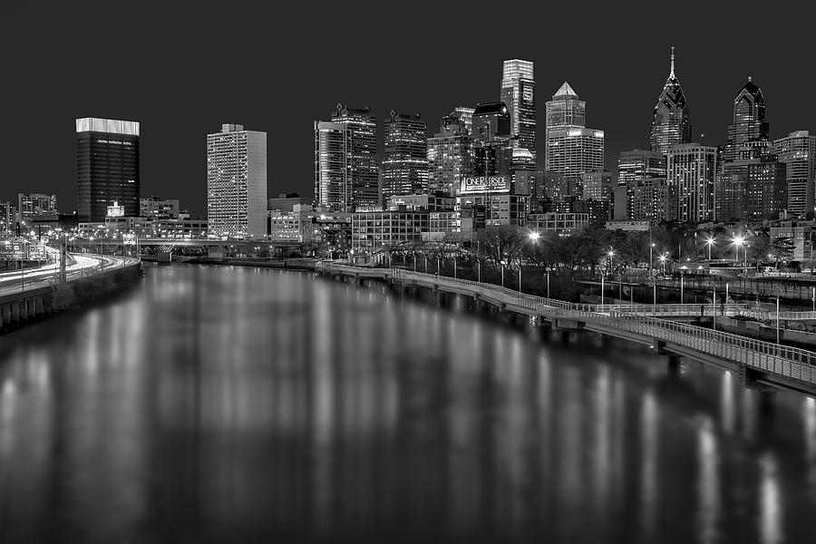 Philadelphia Skyline At Night BW Photograph by Susan Candelario