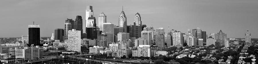 Philadelphia Skyline Photograph - Philadelphia Skyline Black and White BW Wide Pano by Jon Holiday