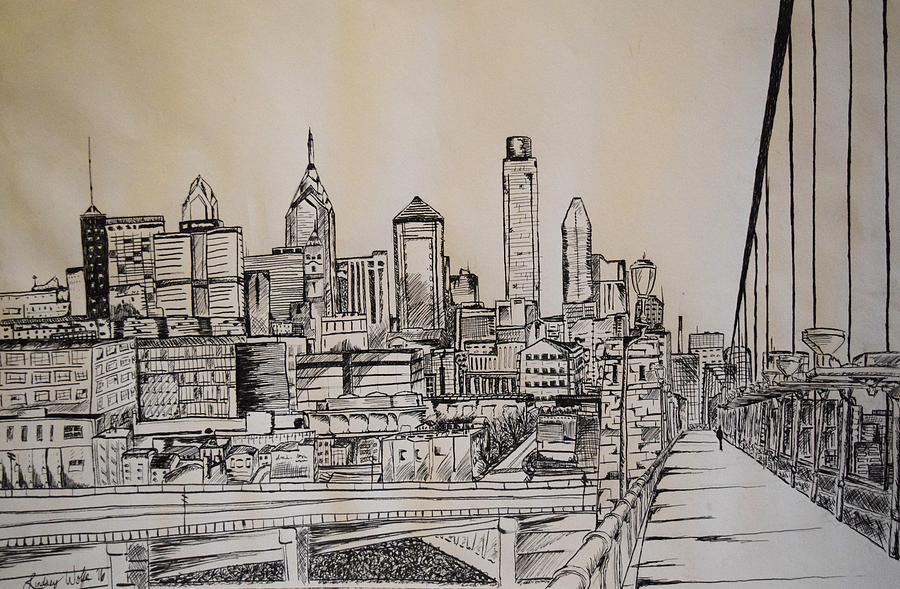 Philadelphia Skyline Charcoal Drawing of Downtown & FDR