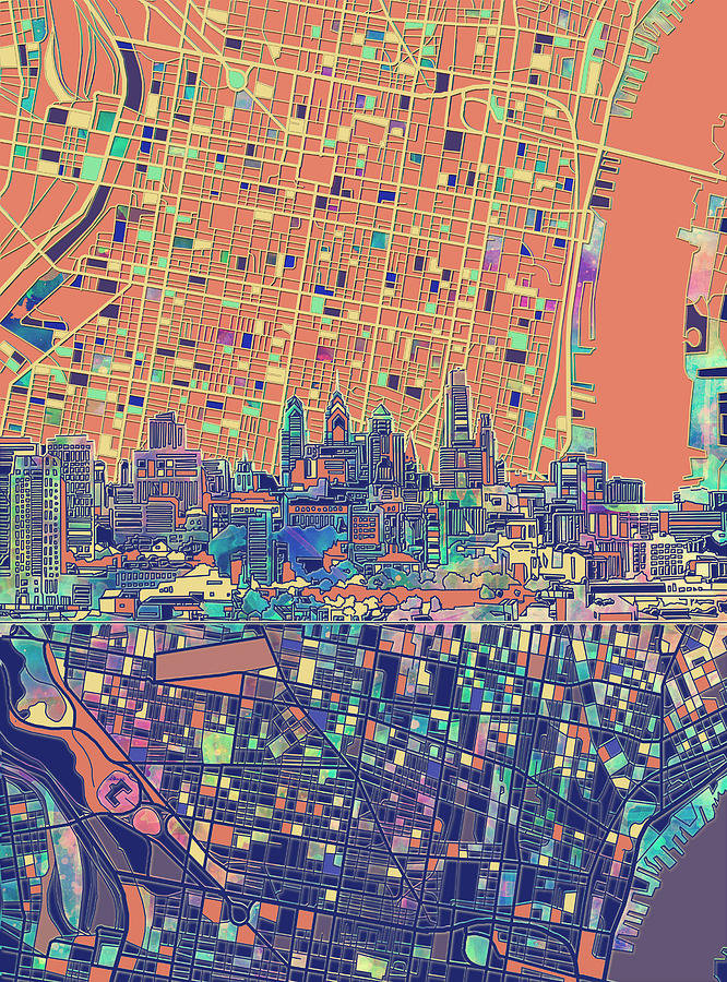 Philadelphia Skyline Map 2 Painting by Bekim M