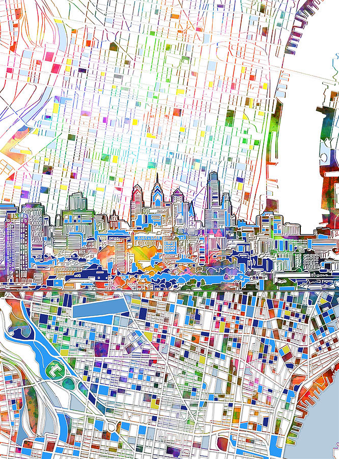 Philadelphia Skyline Map 3 Painting by Bekim M