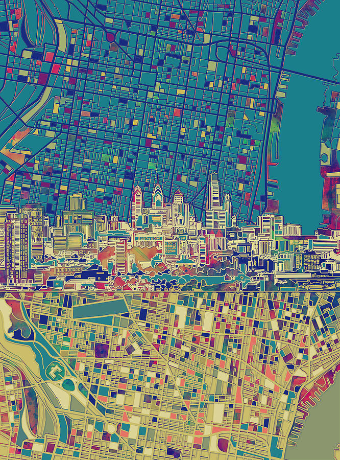 Philadelphia Skyline Map Painting by Bekim M