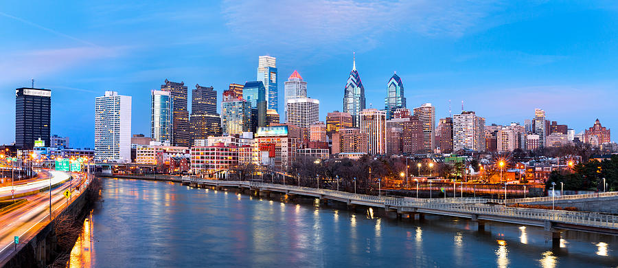 Philadelphia skyline panorama at dusk Photograph by Mihai Andritoiu