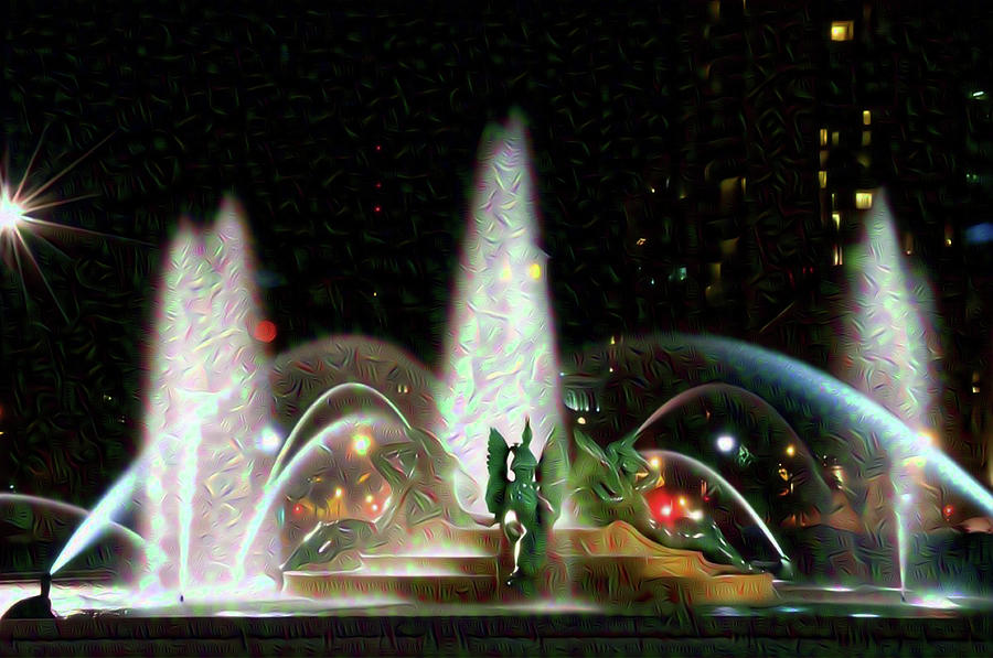 Philadelphia - Swann Fountain - Night Water Color Photograph by Bill Cannon