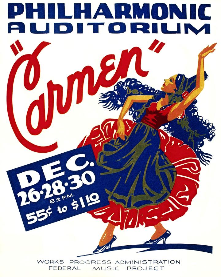 Philharmonic Auditorium Carmen, WPA poster, 1939 Painting by Vincent Monozlay